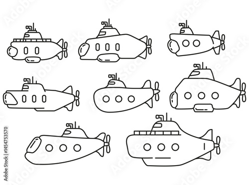 Underwater boat.Submarine undersea.Submarine under water.Outline vector illustration.Isolated on white background.