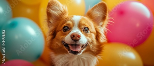 Dog smiles broadly amidst colorful balloons, embodying happiness and festivity.
