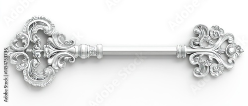 Ornate silver key presents intricate, classical design against pure white backdrop, suggesting elegance and mystery.