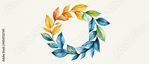 Leaf wreath displays vibrant autumnal colors arranged in circular design, evoking botanical style.
