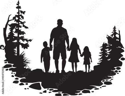 A vector illustration of silhouettes of a parent and their three children with the parent standing behind while the children sit on the ground.