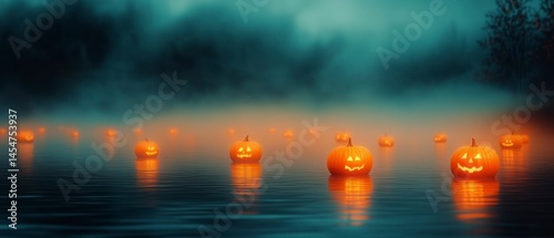 Jack-o'-lanterns float eerily on water, creating spooky Halloween scene with fog and reflections enhancing ominous atmosphere.