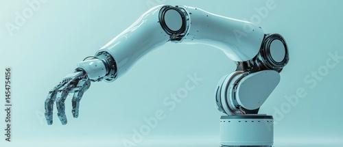 Robot arm extends metallic hand, showcasing advanced technology, precision.