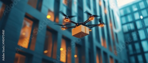Delivery drone transports package in front of contemporary building, highlighting automation and future technology.