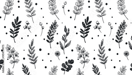 Winter branch pattern. Vector Christmas tree. Crayon pine plant seamless. White black hand drawn mistletoe, fir pine, holly branch, Christmas tree pattern. Line Xmas background.