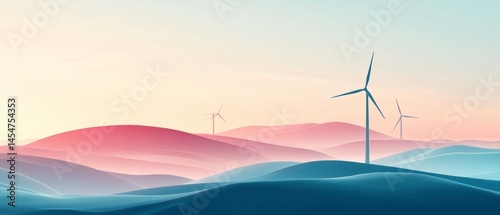 Wind turbines stand tall atop rolling hills under soft pastel sky, evoking feeling of peaceful progress.