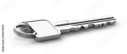 Silver metal key rests diagonally on white surface, creating minimalist, modern and secure impression.