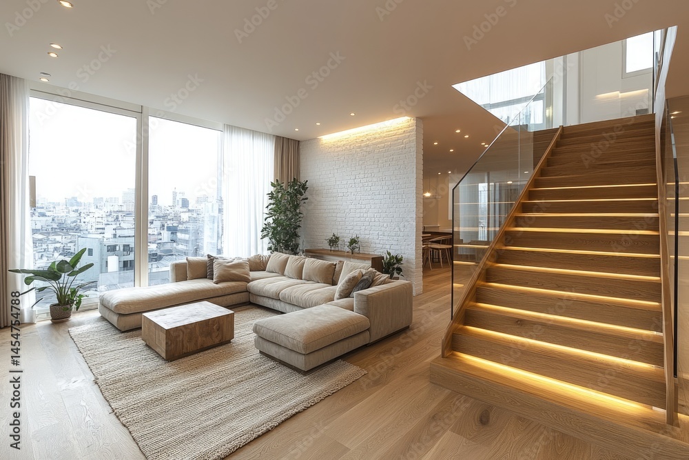 Fototapeta premium Modern living room with a panoramic cityscape view.