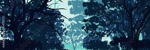 Forest landscape. Layered background with deciduous trees. Parallax effect. Horizontal blue panoramic backdrop with trees and bushes.