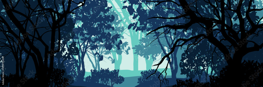 Forest landscape. Layered background with deciduous trees. Parallax effect. Horizontal blue panoramic backdrop with trees and bushes.