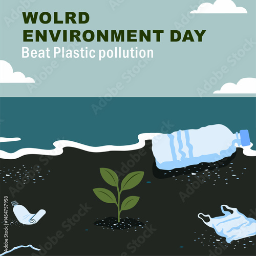 World Environment Day concept. Illustration of ocean pollution with plastic waste on the beach and a small plant growing. Theme: Beat Plastic Pollution. Eco awareness, nature protection.