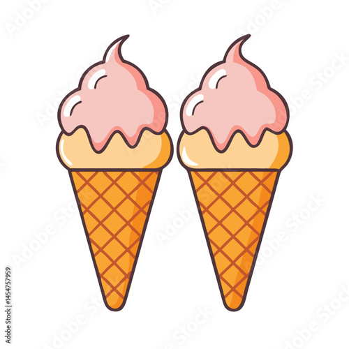 Two strawberry ice cream cones illustration delicious dessert summer treat sweet food graphic design vector