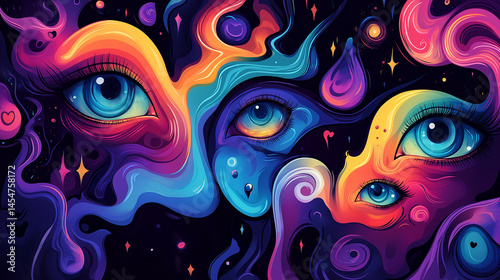 Surreal and Psychedelic Illustration Featuring Fluid Abstract Shapes and Mystical Symbols Like Eyes and Hearts, Capturing the Essence of Magic and the Spirit World, Vibrant Colors, Trippy Art