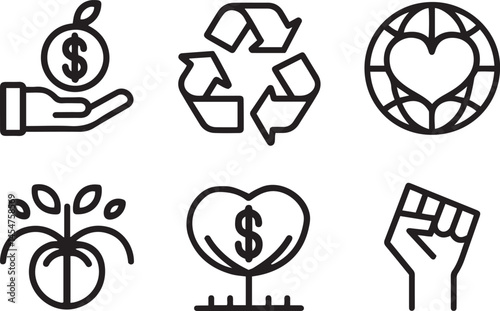 A vector pictogram set of fair trade sustainability icons including a hand holding a product, a tree, a globe, and a recycling symbol.