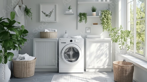 Bright Laundry Room Design with Washing Machine, Baskets and Plants, creating serene ambiance with natural light and touch of freshness.