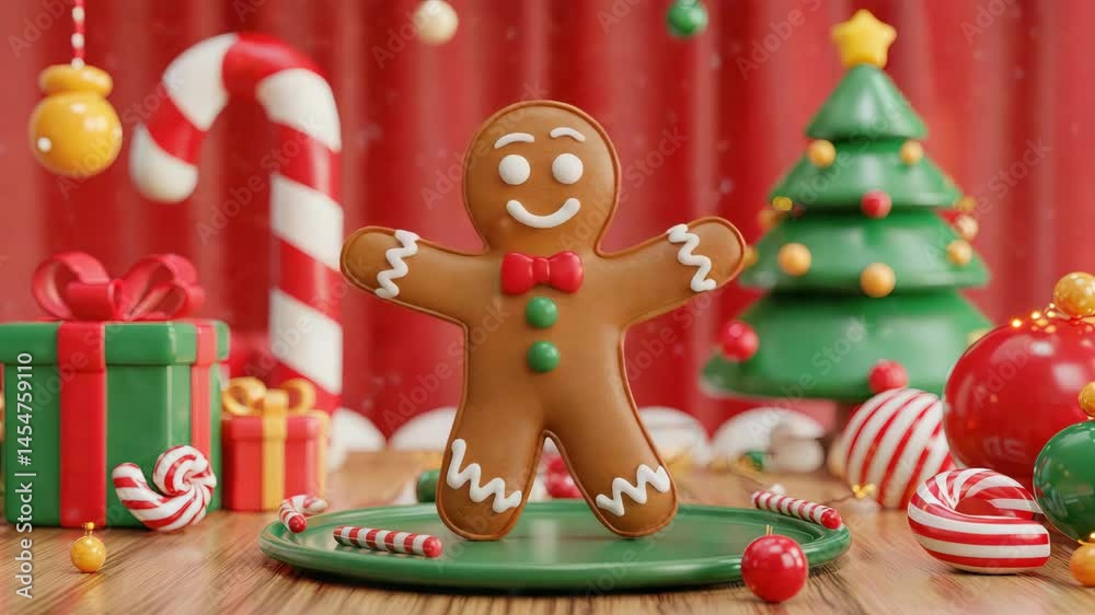 custom made wallpaper toronto digitalCheerful gingerbread man with a bow tie dancing on a green plate surrounded by colorful decorations.