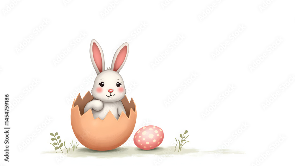 Obraz premium Cute Hand-Painted Bunny Sitting Inside an Easter Egg Shell