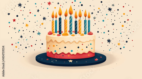 Birthday cake with colorful candles surrounded by confetti and stars on festive background. Concept of celebration, anniversary, and party decoration