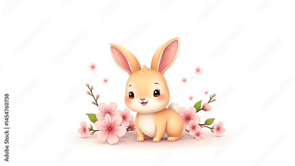 Obraz premium Baby Bunny Nestled Among Blooming Cherry Blossoms in Watercolor