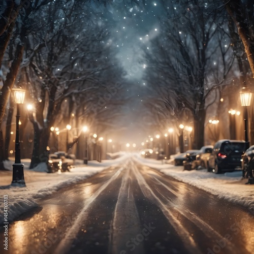 Snowy City Street at Night with Glowing Streetlights and Falling Snow