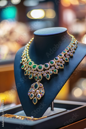Obraz na płótnie Natural stone necklace on jewelry stand on blurred lights background w salonie