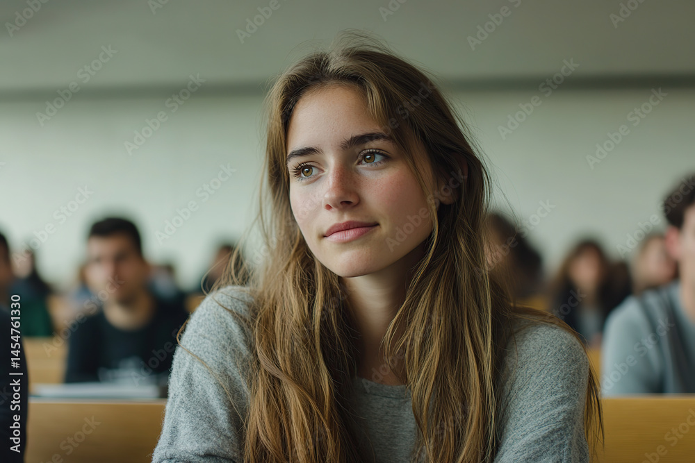Student listens to a lecture in large auditorium
