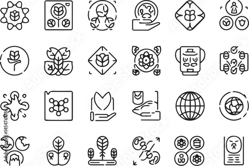 A vector pictogram set of fair trade sustainability icons including a hand holding a product, a tree, a globe, and a recycling symbol.