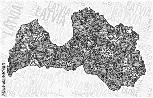 Latvia regions map word cloud. Latvia region names. Black and white map design. Beautiful vector illustration.