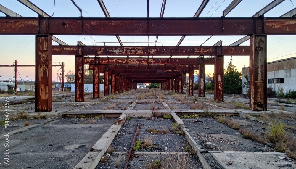 Abandoned Industrial Warehouse with Rusty Steel Framework at Dusk Abandoned Industrial Warehouse with Rusty Steel Framework at Dusk