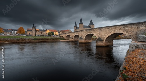 Dramatic stone bridge over a dark river under a stormy sky.