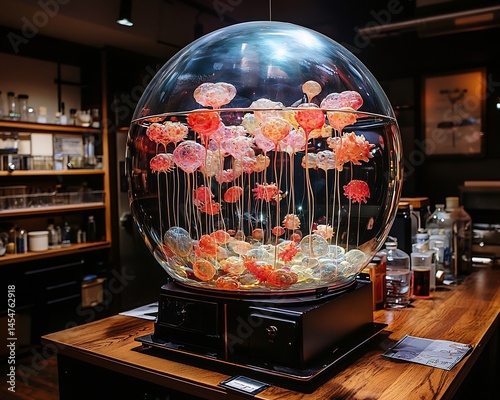Floating sphere containing miniature glowing organisms zero gravity lab organisms move gracefully within the sphere which is suspended in the center of the lab with high tech holographic projections