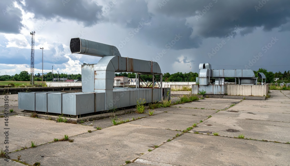 Naklejka premium Industrial Rooftop Ventilation Systems on Abandoned Urban Site