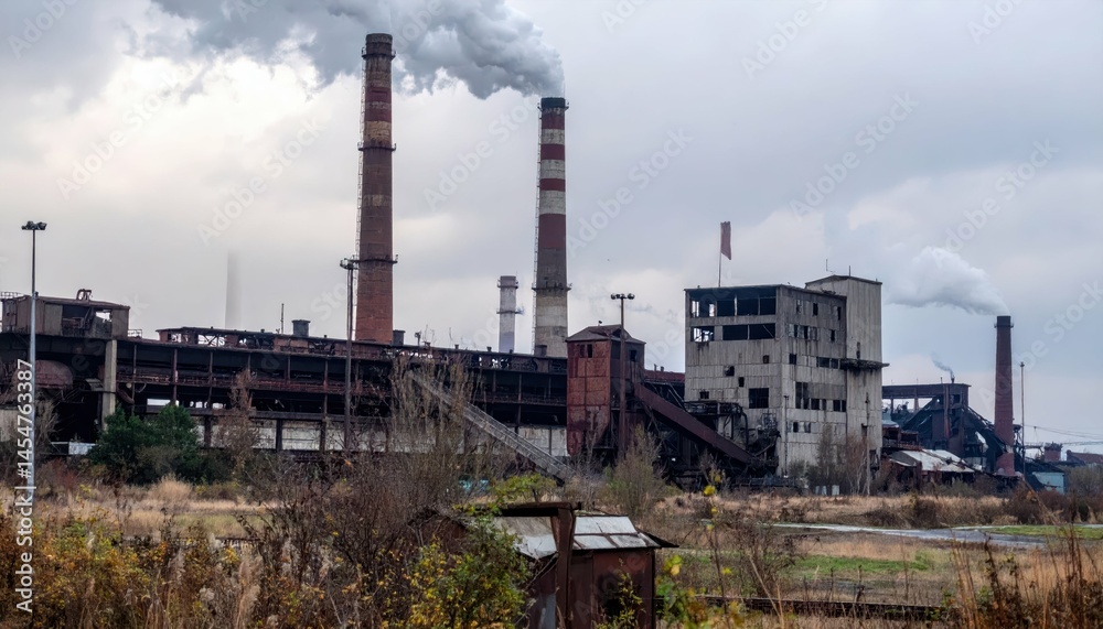 Industrial Complex with Smokestacks Emitting Smoke and Pollution Industrial Complex with Smokestacks Emitting Smoke and Pollution