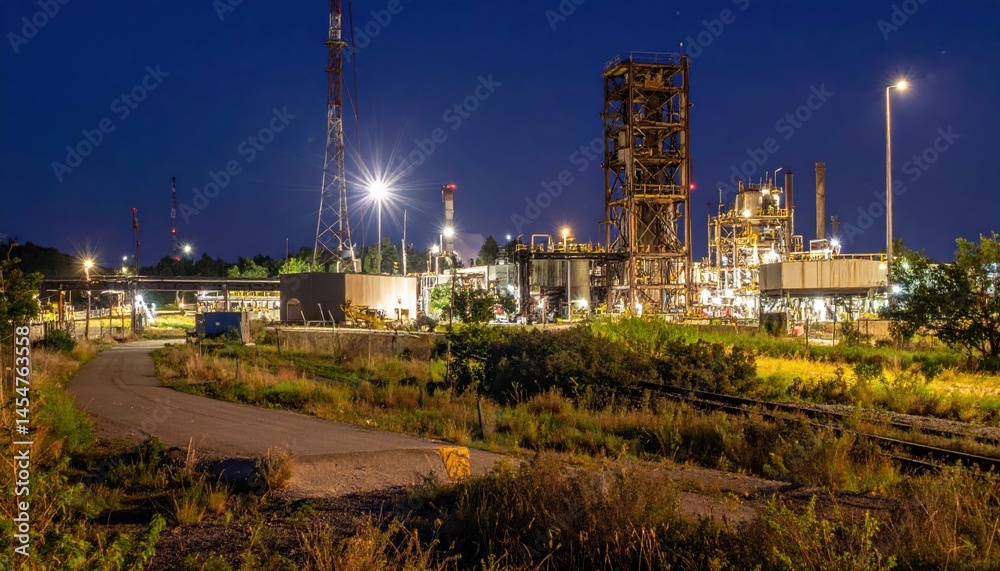 Obraz premium Nighttime Industrial Scene with Lights and Equipment in the Background