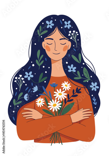 Adobe Illustrator Artwork Serene spring illustration of a woman embracing a bouquet of daisies, with flowers and leaves adorning her flowing hair in a flat vector style. Perfect for springtime themes