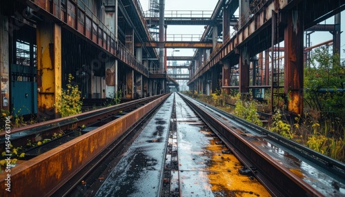 Industrial Abandoned Train Tracks in Rainy Urban Environment