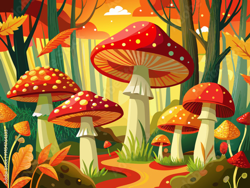 vector of Vibrant fly agaric mushrooms in an autumn moss forest
