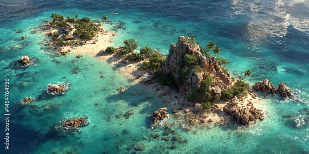 Naklejka premium Coastal paradise with clear waters and rocky formations under a bright sky