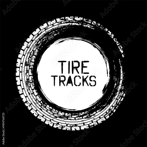 Grunge circle tire track, wheel braking mark. Truck, car or motorcycle tread pattern silhouettes. Auto race, motorsport, speed racing design element. Vector illustration