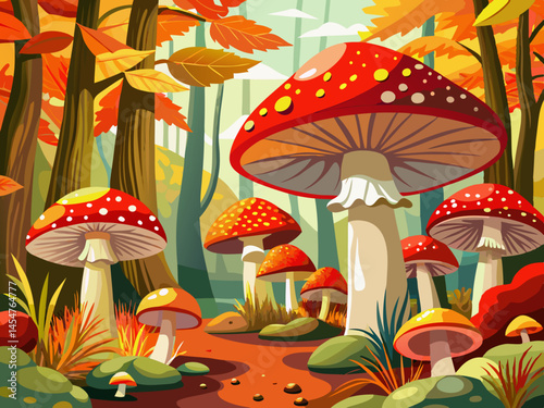 vector of Vibrant fly agaric mushrooms in an autumn moss forest