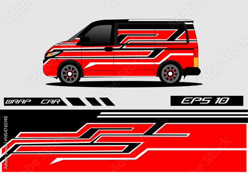 Stylish van wrap design with dynamic red and black patterns
