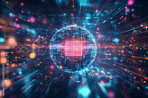•  Floating processor cubes orbit a glowing neon sphere radiating cyan and magenta pulses in a dark digital void 