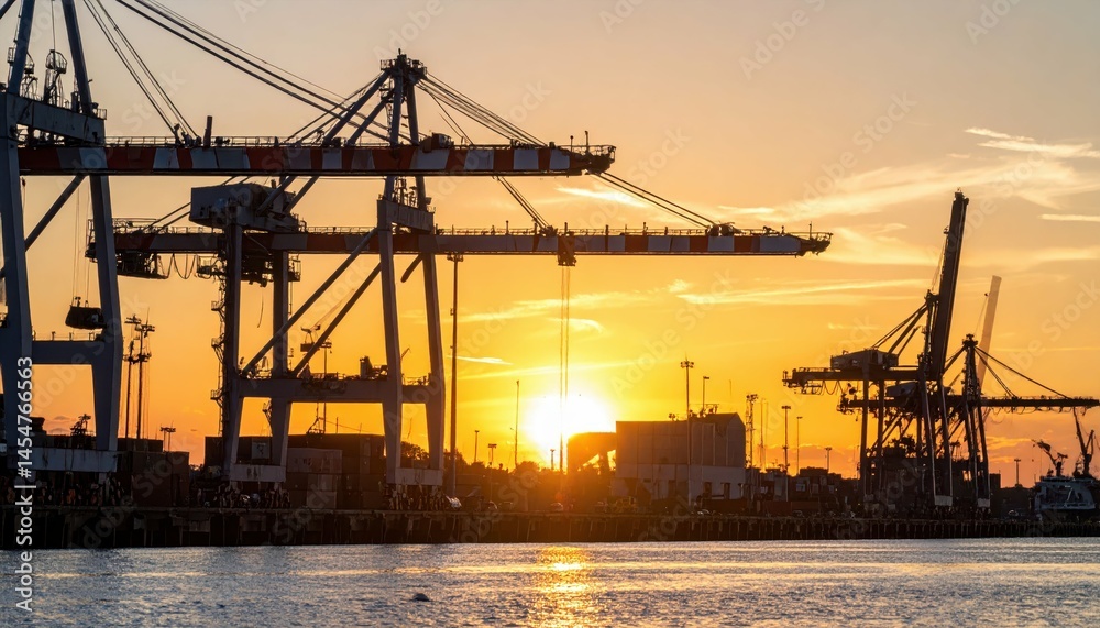 Sunset Over Port with Cranes and Silhouetted Structures at Dusk Sunset Over Port with Cranes and Silhouetted Structures at Dusk