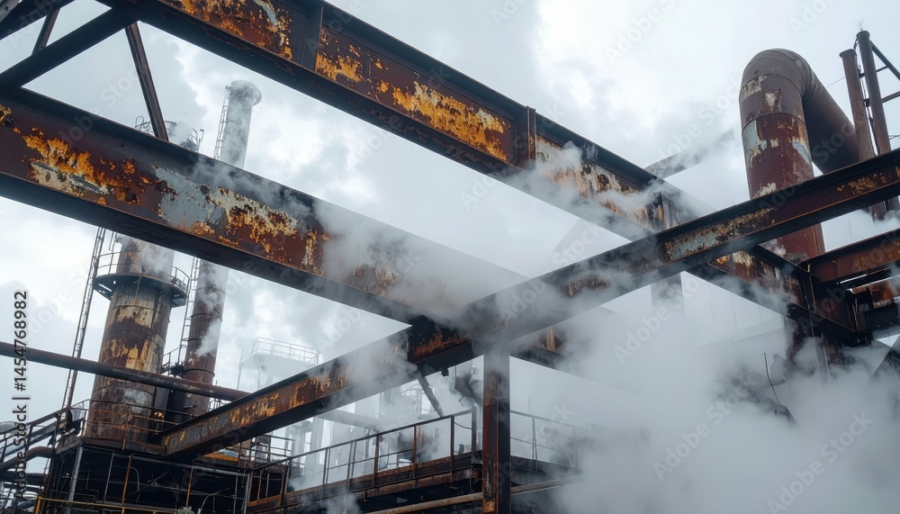 Naklejka premium Industrial Structure with Rusty Steel Beams and Steam in the Air