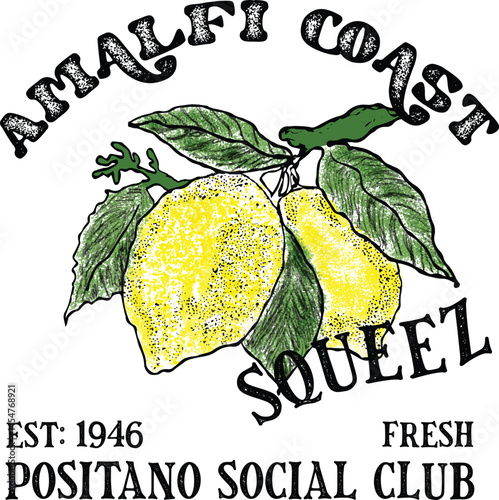 Amalfi coast lemon branch vector art, Italian summer coast vector artwork for t-shirt, graphic print with typography retro vintage summer design