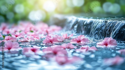 Pink petals floating on water with a gentle waterfall