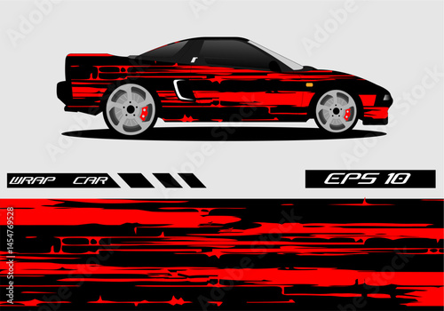 Red sports car wrap design with abstract patterns