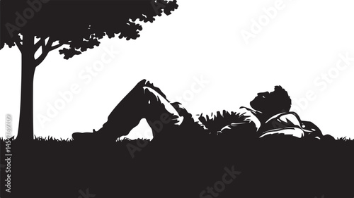 A vector silhouette of a homeless man resting on the street in a park, lying on the ground with a backpack beside him in a peaceful scene