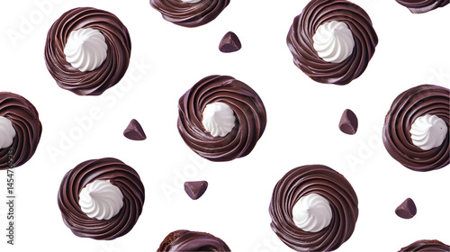A seamless pattern of chocolate swirl cupcakes with white frosting on a white background
