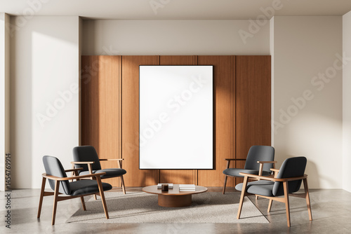 Modern interior with blank poster mockup on wooden wall surrounded by stylish chairs and coffee table in cozy bright room. 3D Rendering